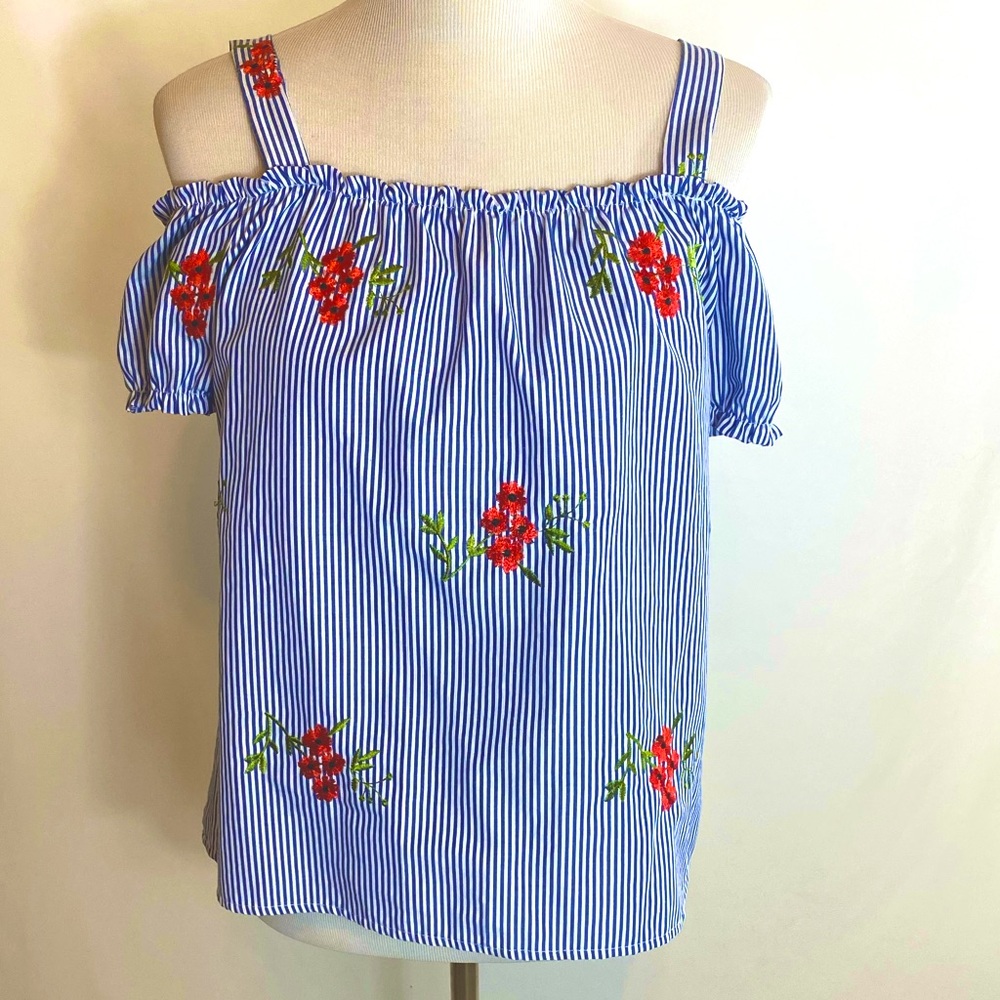 Chocolate Striped Cold Shoulder Embroidered Top